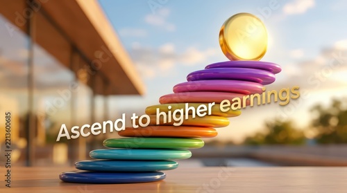 Colorful stacked discs forming a staircase leading to a golden coin, symbolizing financial growth