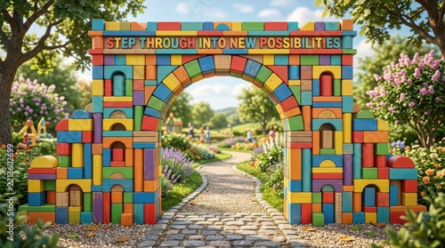 Colorful Toy Block Archway Entrance to a Lush Garden, Symbolizing New Possibilities and Childhood