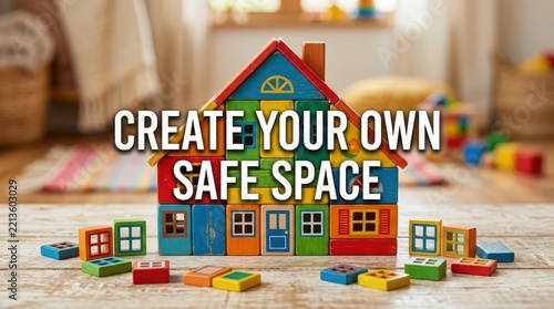 Colorful toy house made of blocks, representing creating a safe space for children