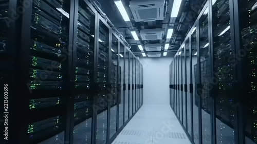 Modern Data Center Server Room Hallway Walkthrough - Technology & Network