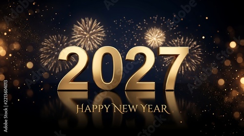 Happy New Year 2027 Golden 3D Numbers with Fireworks and Reflection on Dark Background