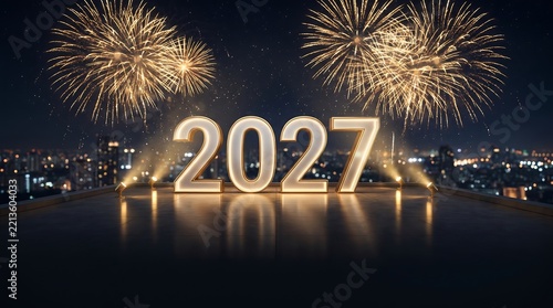 Happy New Year 2027 Illuminated Golden 3D Numbers on Rooftop with Fireworks and City Skyline Background
