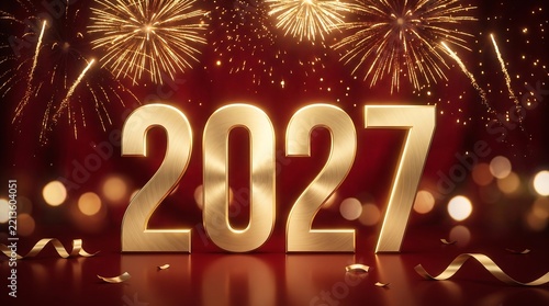 Happy New Year 2027 Golden 3D Numbers with Fireworks and Bokeh Lights Background