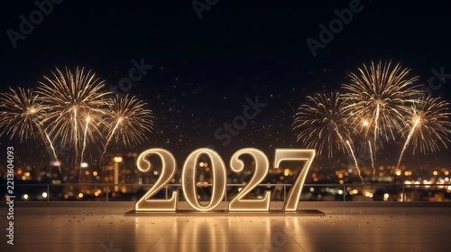 Happy New Year 2027 Glowing Golden 3D Numbers on Rooftop Terrace with Fireworks Background
