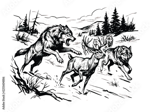 Wolf pack hunting a deer in the forest hand drawn ink sketch vector illustration for wildlife and nature concept isolated on white background