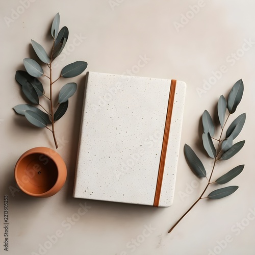 Minimalist Notebook Mockup With Fresh Eucalyptus Branches And Clay Pot Stationary