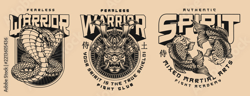 Three vintage-style logos feature bold lettering