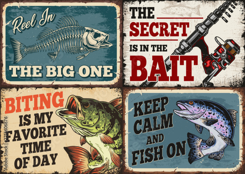 Four fishing-themed signs with bold text