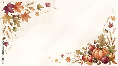 Watercolor autumn frame with falling leaves pumpkins apples and wheat stalks
