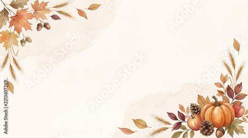Watercolor autumn floral arrangement with pumpkins wheat and falling leaves on white background