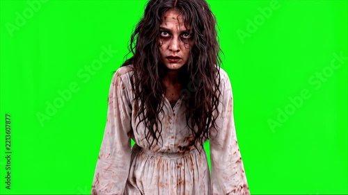 Scary Ghost Woman Walking Toward Camera and Staring on Green Screen
