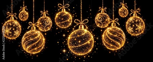 Golden christmas ornaments glowing with festive sparkles