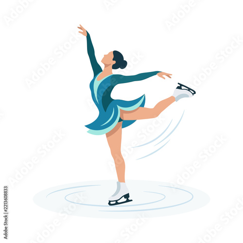 Professional Female Figure Skater Performing a Spin on Ice Flat Vector Illustration