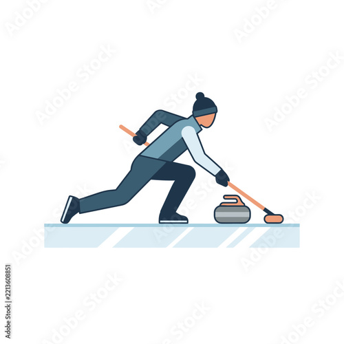 Curling Player Sweeping Ice with Broom and Stone, Vector Illustration