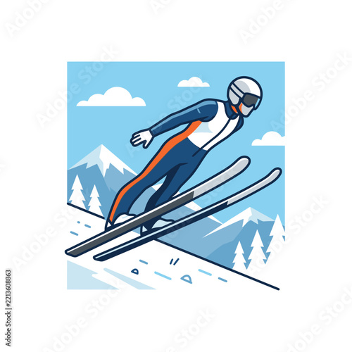 Ski Jumper Mid-Air Vector Illustration on Snowy Mountain Background