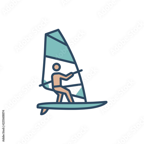 Windsurfing person icon, flat vector illustration of a windsurfer on a surfboard with a sail