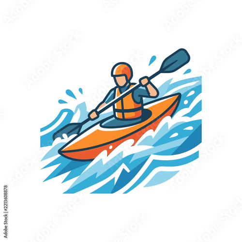 Illustration of a Kayaker Paddling Through Whitewater Rapids