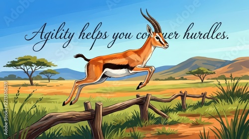 Gazelle leaping over wooden fence in savanna landscape with motivational quote