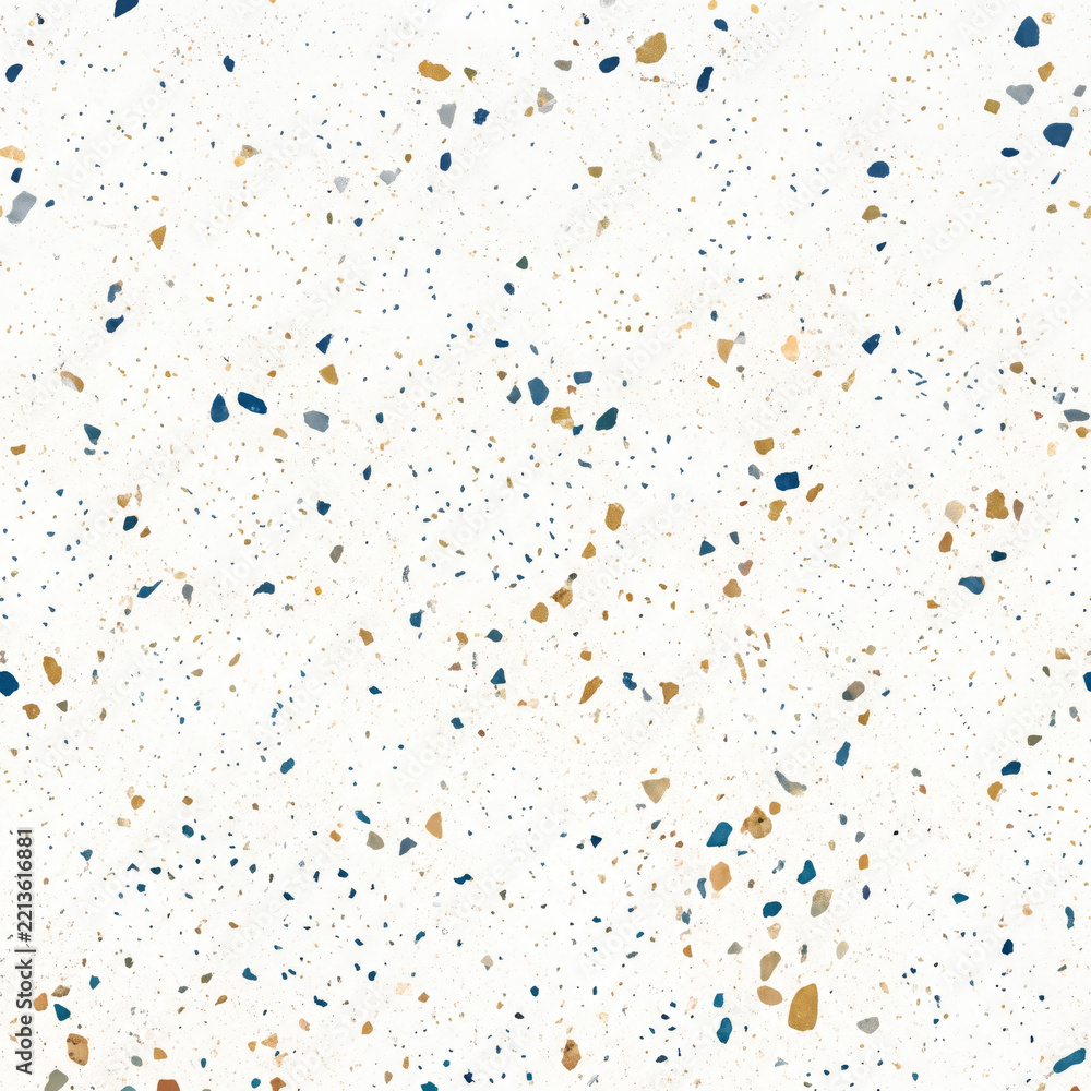 Fototapeta premium Abstract Subtle Terrazzo Stone Texture Background with Tiny Speckles in Navy and Gold on White