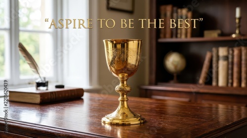 Golden Goblet on a Wooden Desk with Bookshelf and Window - Symbol of Achievement and Excellence