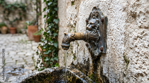Antique lion head water fountain in a stone courtyard