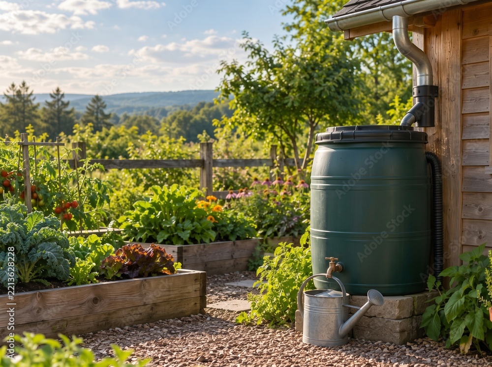 Fototapeta premium Rainwater barrel and watering can beside a vegetable garden