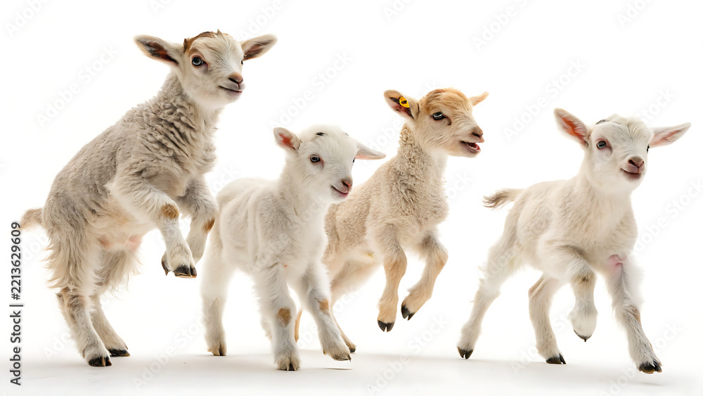 Obraz premium Four cute baby lambs jumping isolated on a transparent background
