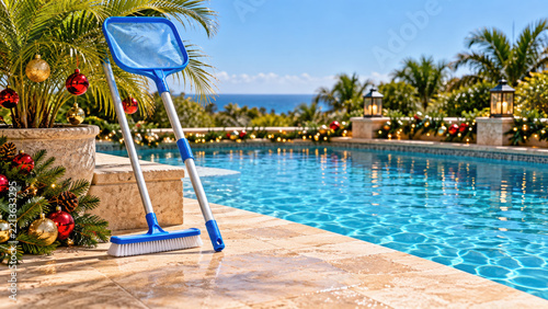Pool skimmer net and brush by sunny swimming pool with Christmas ornaments - Christmas pool cleaning service