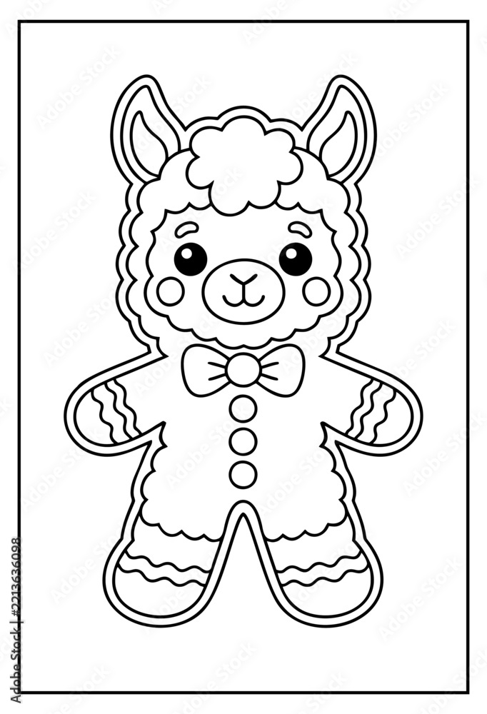 Fototapeta premium Cute llama coloring page outline for kids with bow tie and simple white background