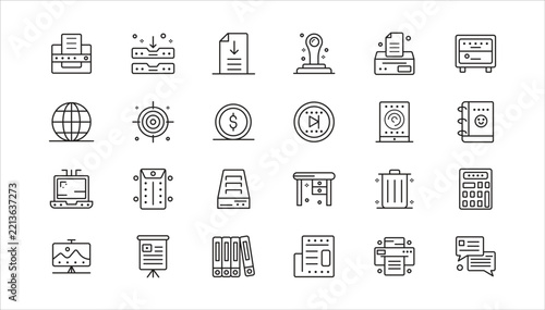 Technology and Office Line Icon Set - Hardware, Media, Network & Business Equipment Vectors