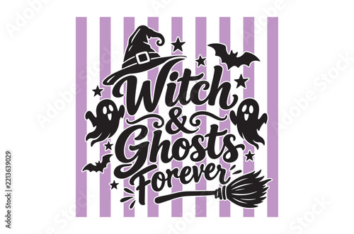 Witch and ghosts lettering with hat broom and bats is a dark vector illustration