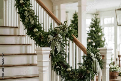 Christmas Staircase Garland with Sage Green Bows and Ornaments