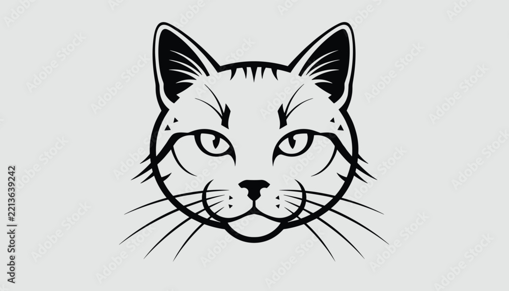 Fototapeta premium Detailed black and white illustration of a domestic cat face with whiskers, pointed ears, and sharp eyes against a light gray background.