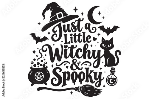 Halloween lettering with witch hat crescent moon cauldron and cat in black vector illustration