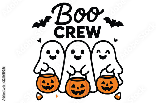 Three cartoon ghosts holding jack o lanterns with bats and text on a white background