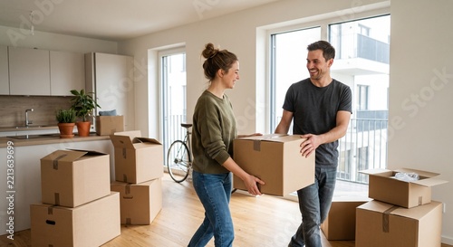 Happy Young Couple Carrying Cardboard Boxes Moving Into New Modern Apartment. Real Estate and Relocation Lifestyle Concept.