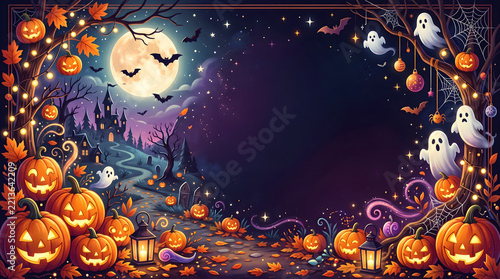 Festive Halloween border background with glowing jack o lantern pumpkins cute cartoon ghosts hanging from trees fairy string lights and haunted castle under full moon with dark copy space