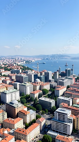 Aerial View of a Coastal City Cityscape Overlooking the Blue Sea Under a Clear Sky