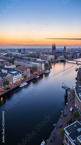 Aerial View of a European City River Flowing at Sunset