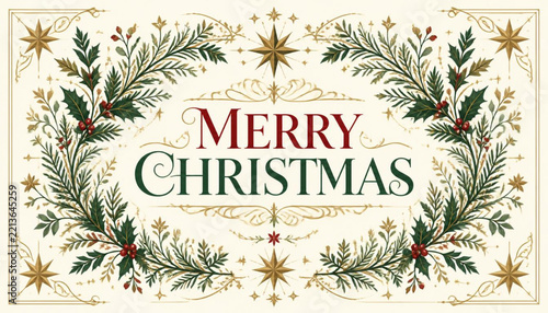 Merry Christmas and Happy New Year Greeting Card with Festive Christmas Tree, Fir Branches, Wreath Frame and Winter Holiday Decorations Background