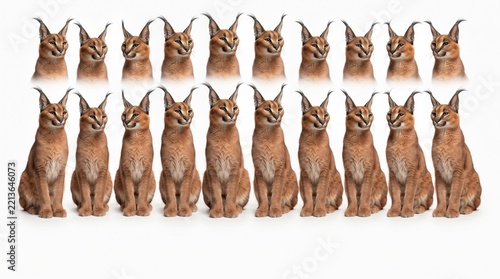 group of lynx cats sitting in a row on white background