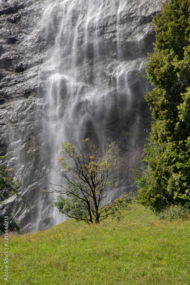 Fototapeta premium Lauterbrunnen valley waterfall cascading down rock face