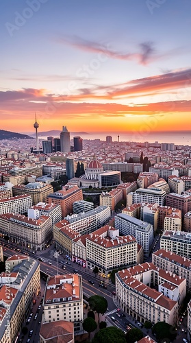 Aerial View of a Sprawling Coastal City with Towers Under a Warm Sunset Sky