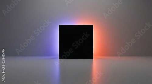 A black cube with blue and orange glowing lights on a gray background