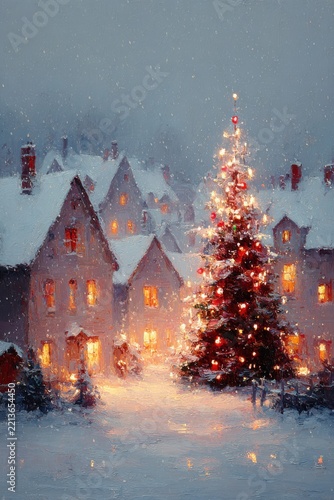 Traditional Christmas postcard featuring decorated fir tree, snow and ornaments.