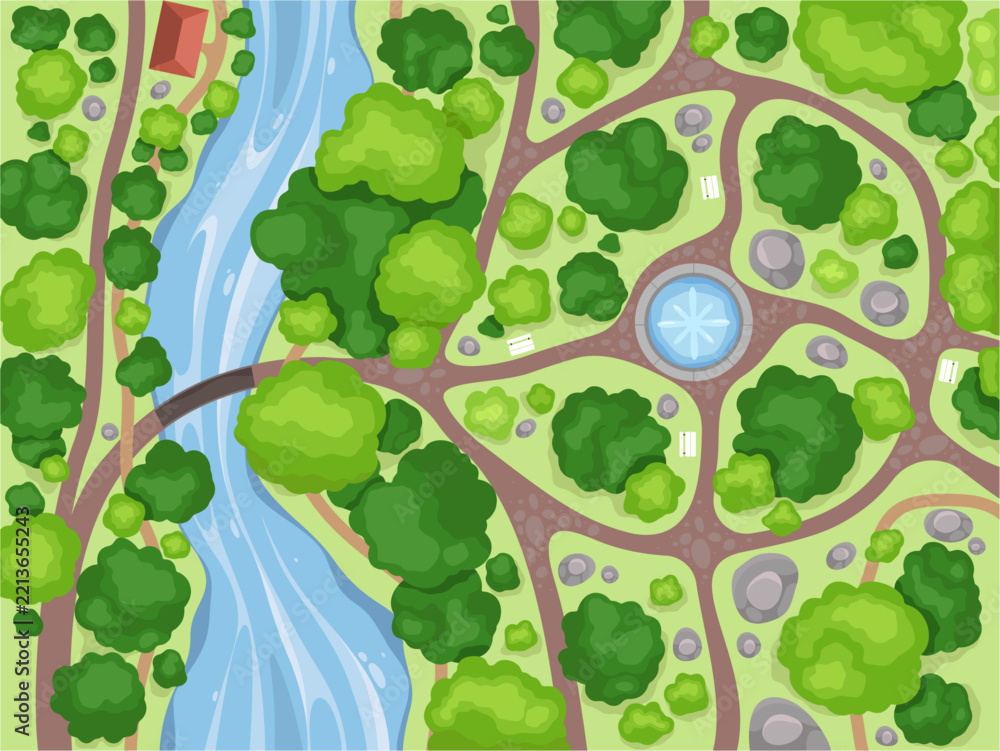 Fototapeta premium Urban park viewed from elevated perspective. Tree lined recreation area with river and roadways, fountain and nearby town structures. Vector balanced natural and architectural composition
