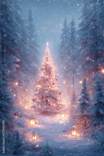 Classic Christmas card featuring a richly decorated tree with golden ornaments.