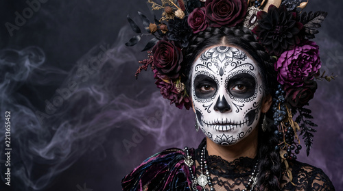 Close-up of a person with skull face paint and dark floral headdress, representing Day of the Dead traditions and gothic style, with smoky background