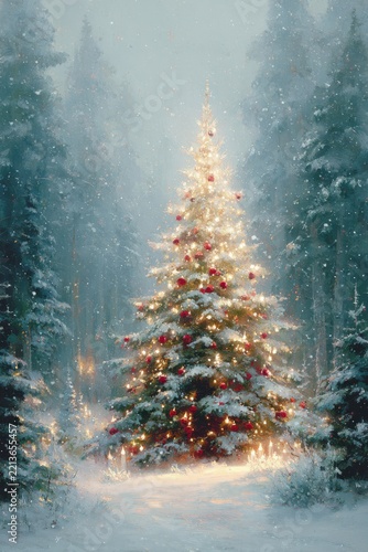 Classic Christmas card featuring a richly decorated tree with golden ornaments.