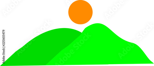 Minimalist Green Mountain and Orange Sun Logo Vector Illustration
